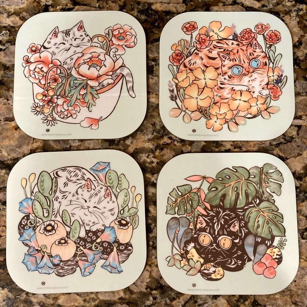 Cute Cat and Plant Coasters (set of 4)
